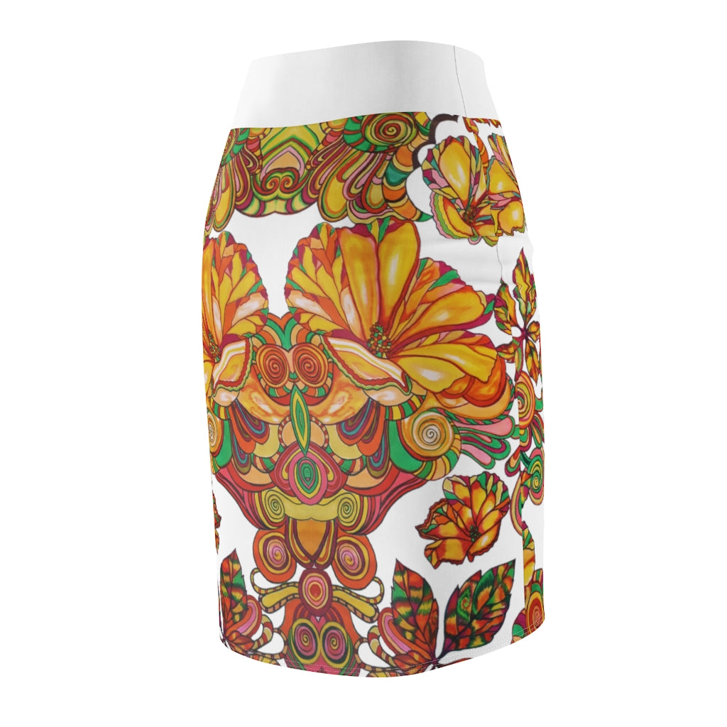 Artsy Floral White Pencil Skirt