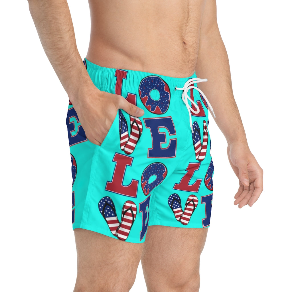 Men's American Love Cyan Swimming Trunks