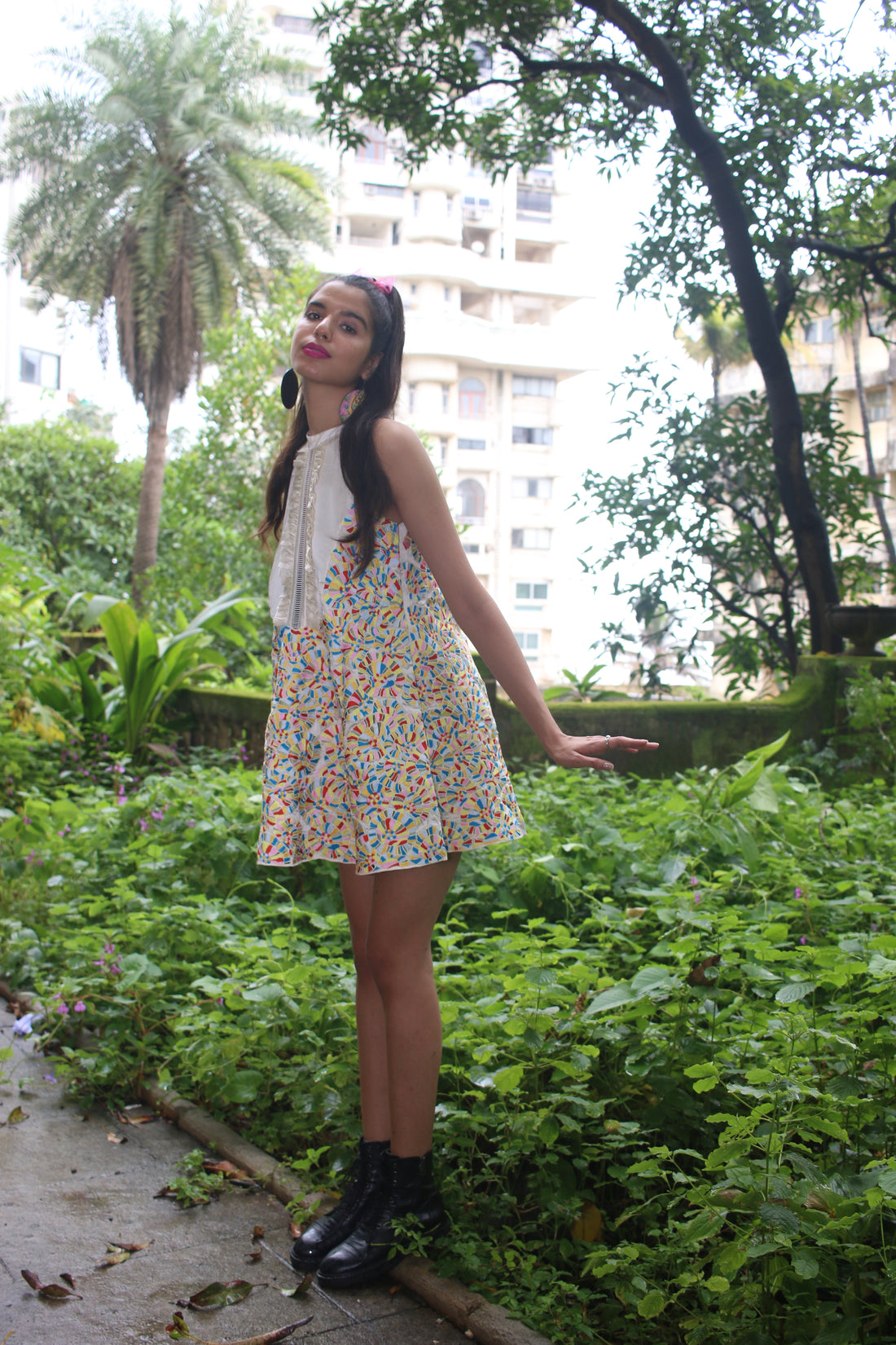 white satin halter neck floral embroidery dress