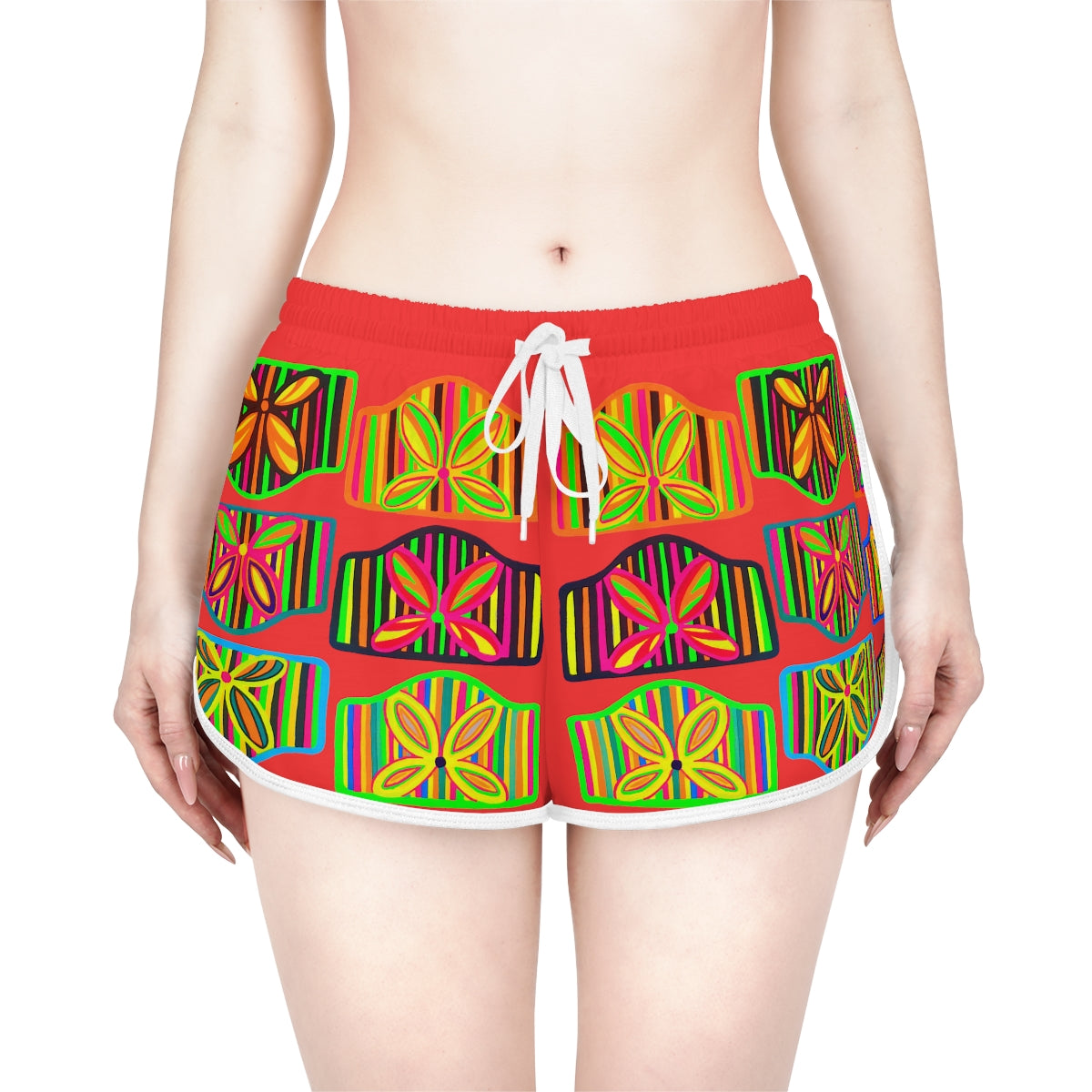 vermillion art deco print relaxed gym shorts for women