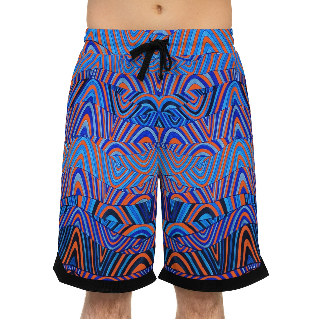 orange sonic waves print basketball shorts for men