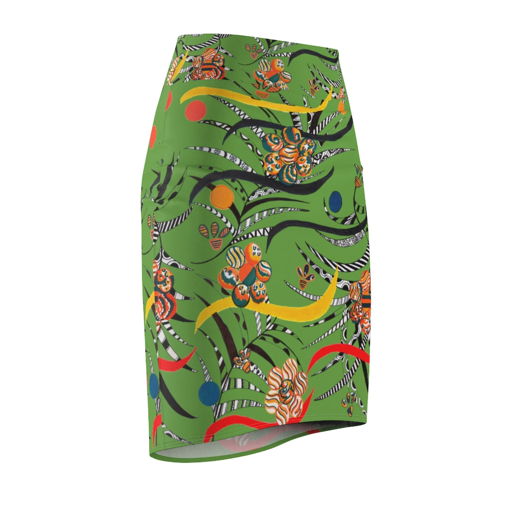 olive floral & animal print pencil skirt