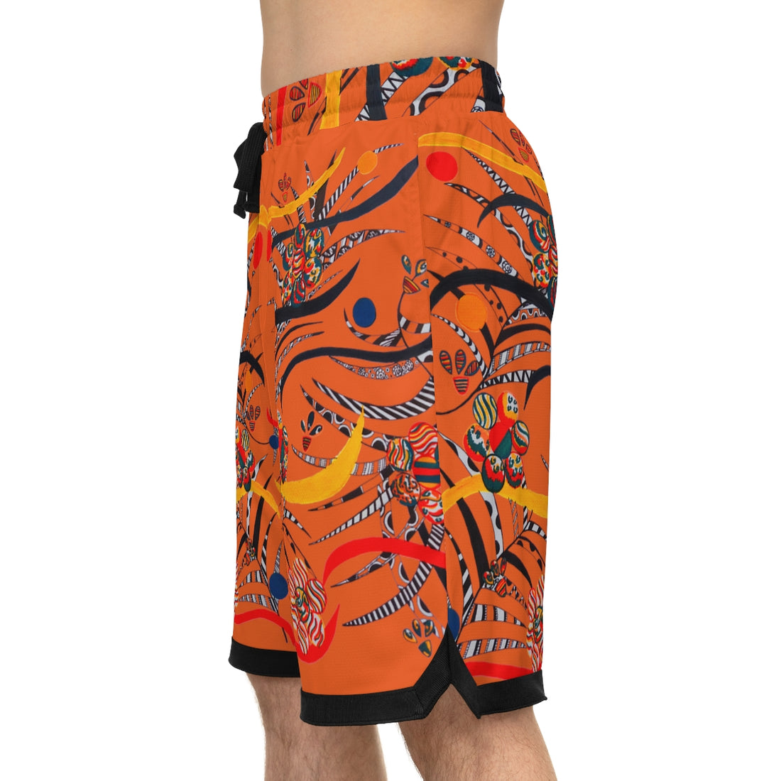 orange jungle and animal print print basketball shorts for men