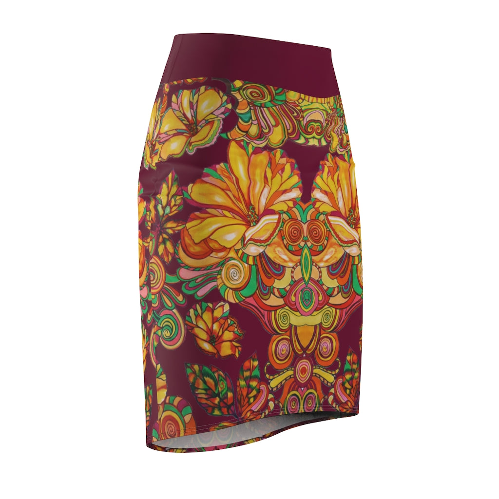 Artsy Floral Marsala Pencil Skirt