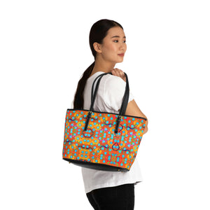 orange sunflower print pu leather zipper tote bag