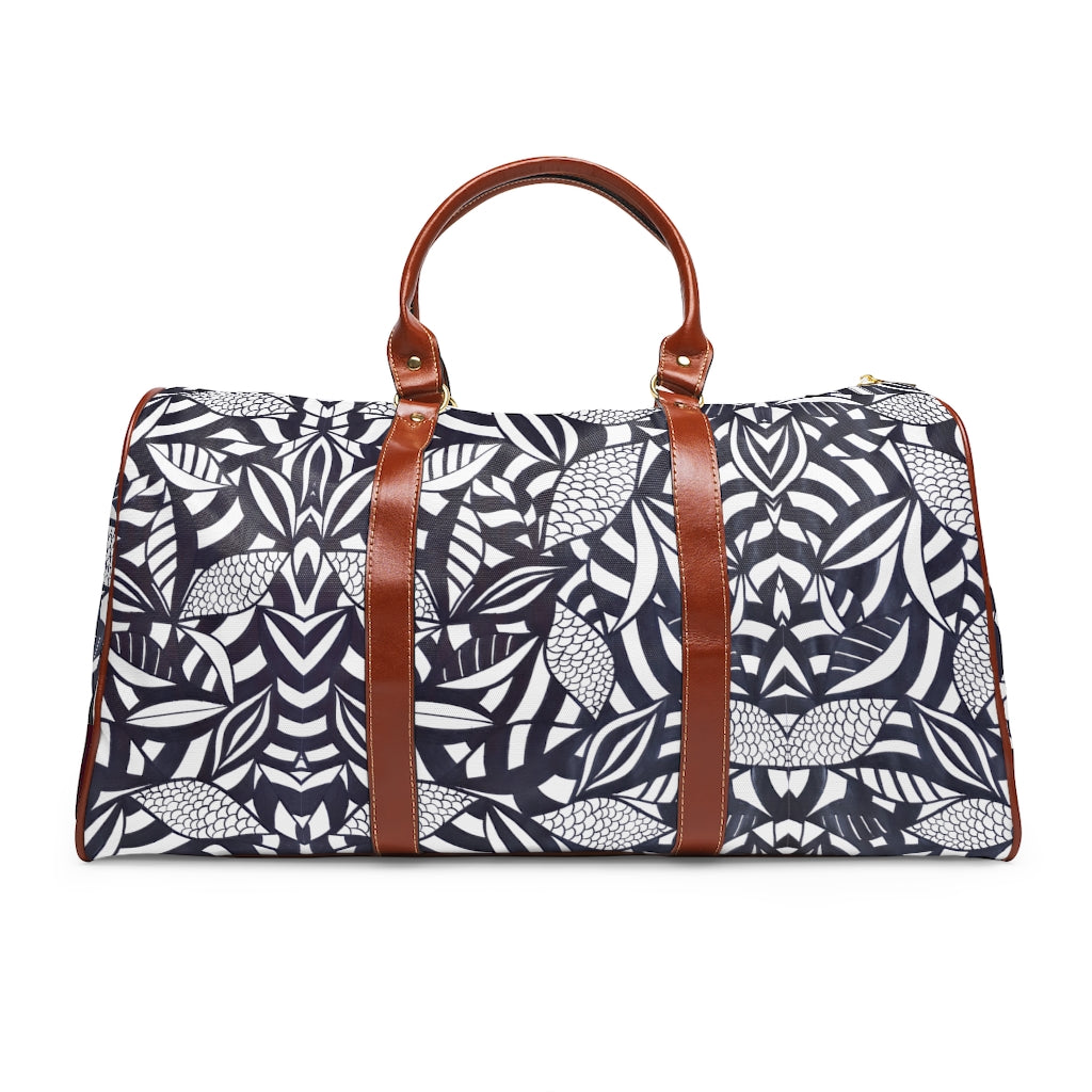 leaves tropical print white waterproof duffel bag used for travelling