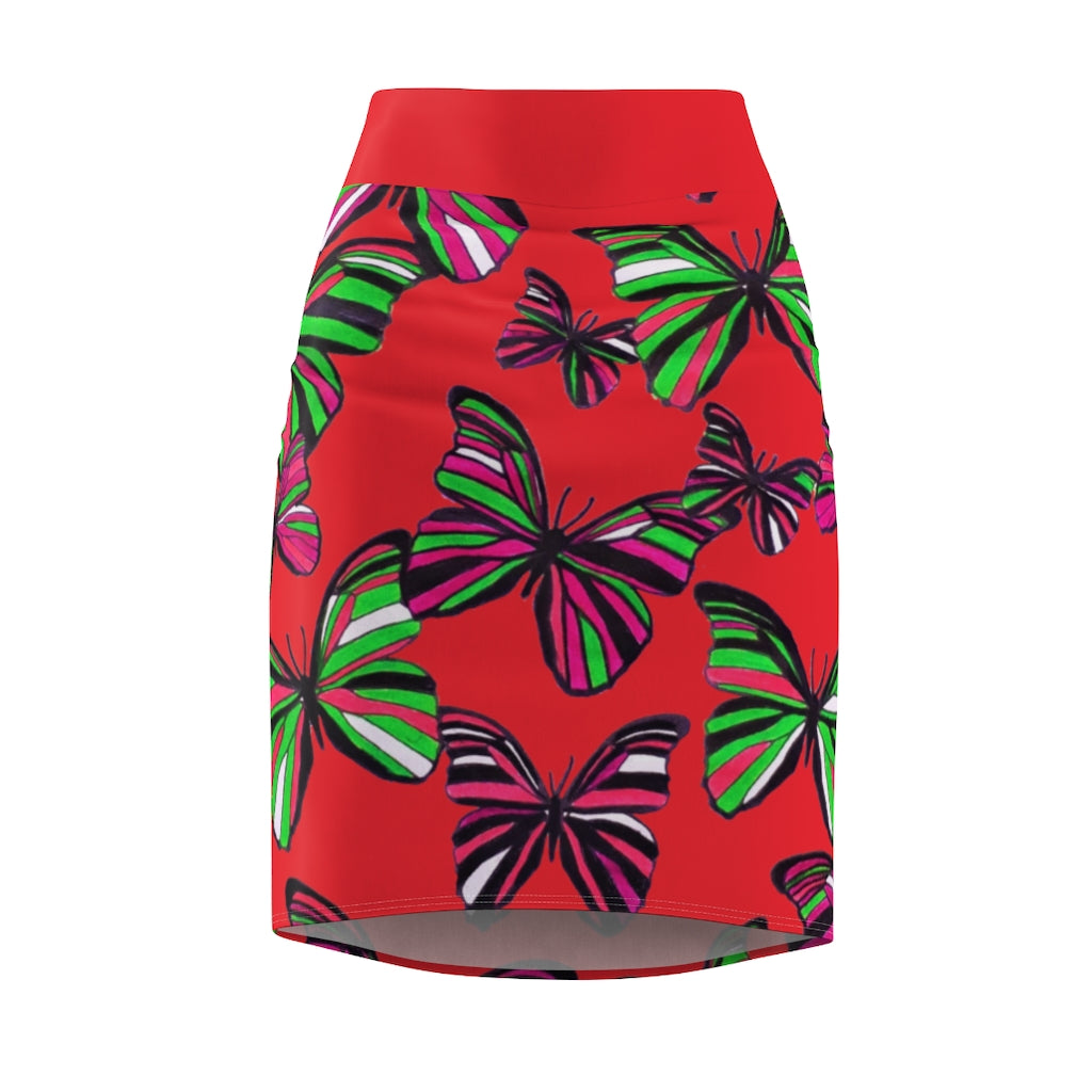 Red Butterflies Pencil Skirt