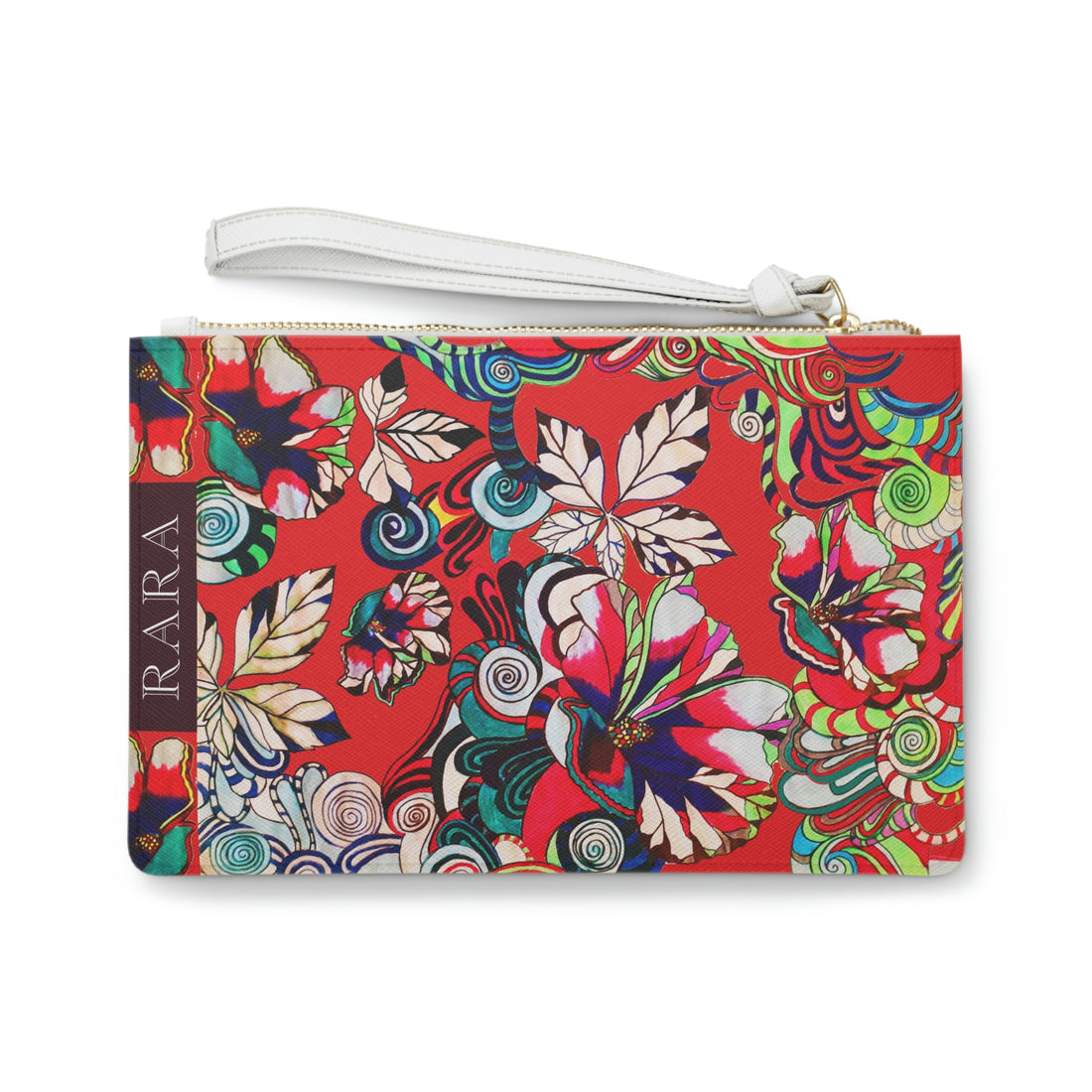 red graphic floral print clutch bag