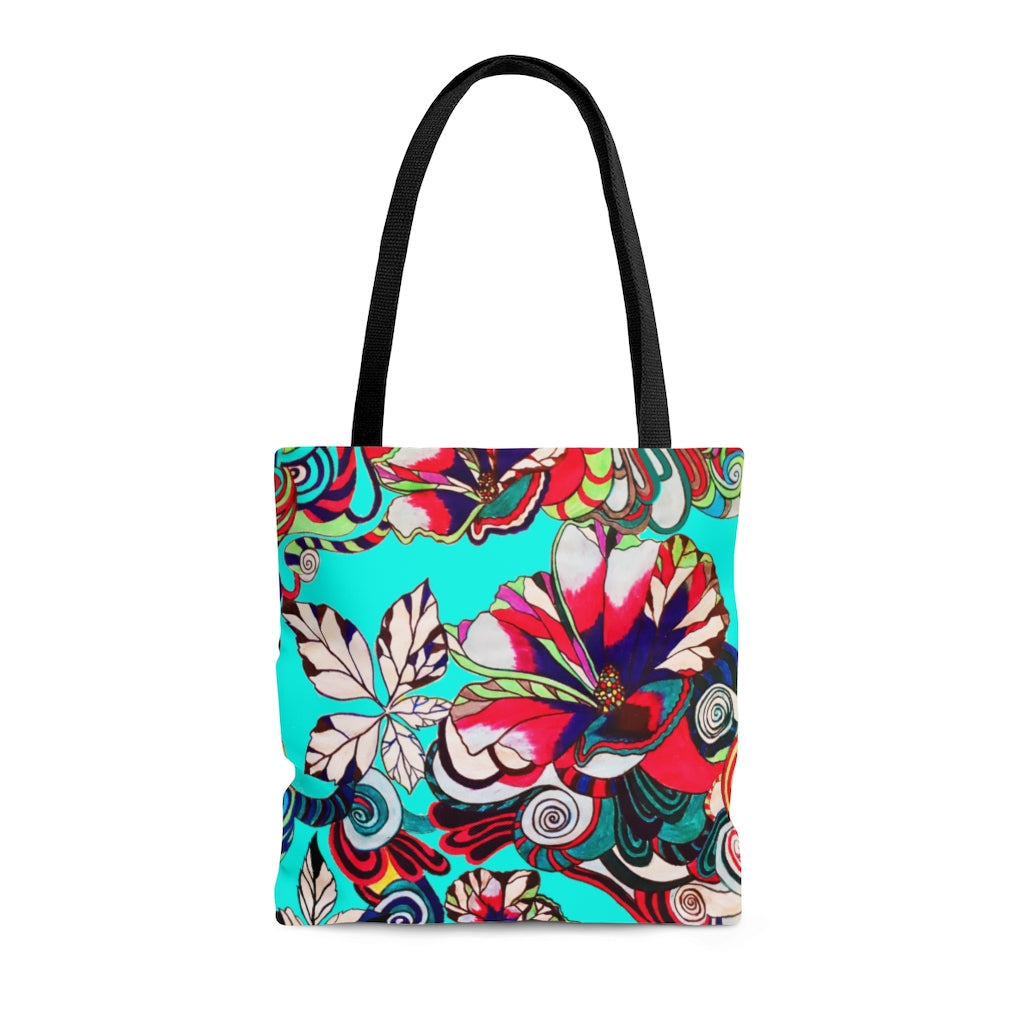 AOP Artsy Floral Pop Cyan Tote Bag