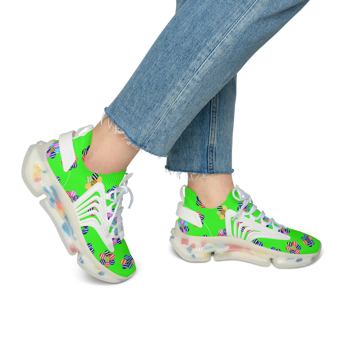 Neon Green Candy Floral Printed OTT Women's Mesh Knit Sneakers