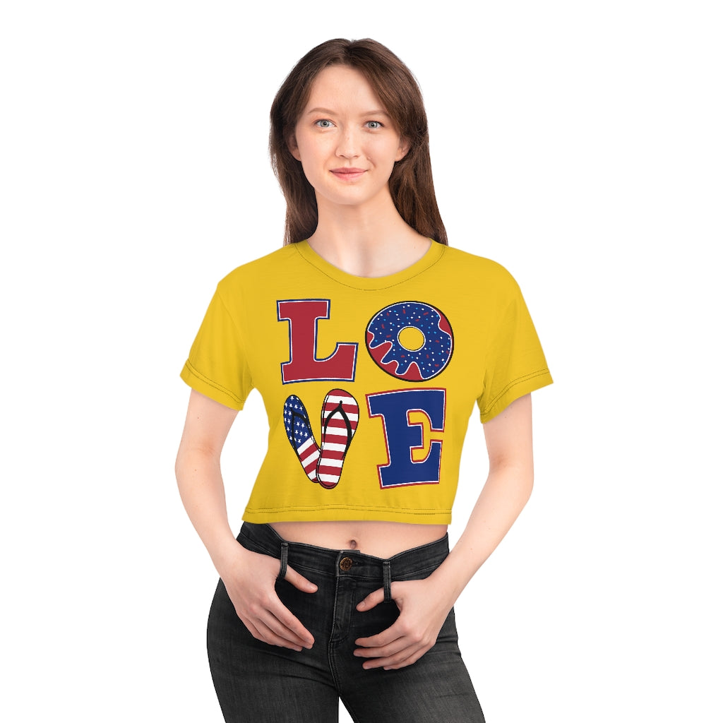 yellow LOVE printed crop t-shirt for women