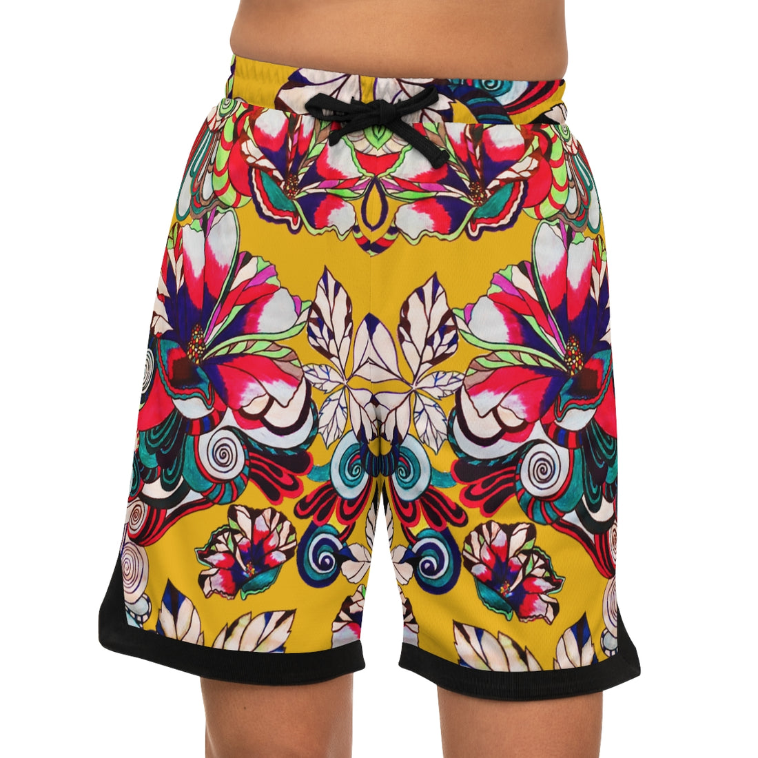 Yellow Graphic Floral Basketball Rib Shorts (AOP)