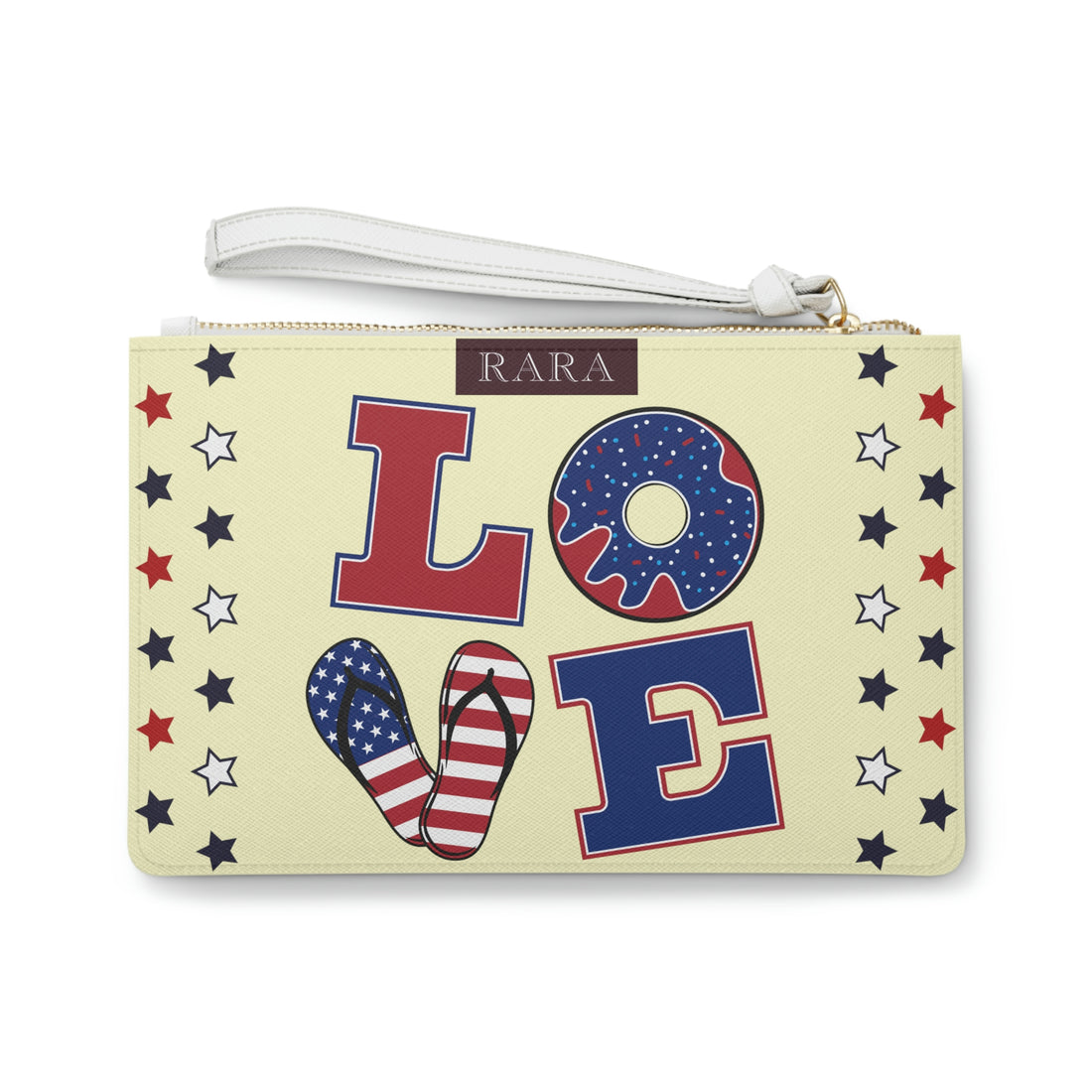 cream love typography print clutch bag