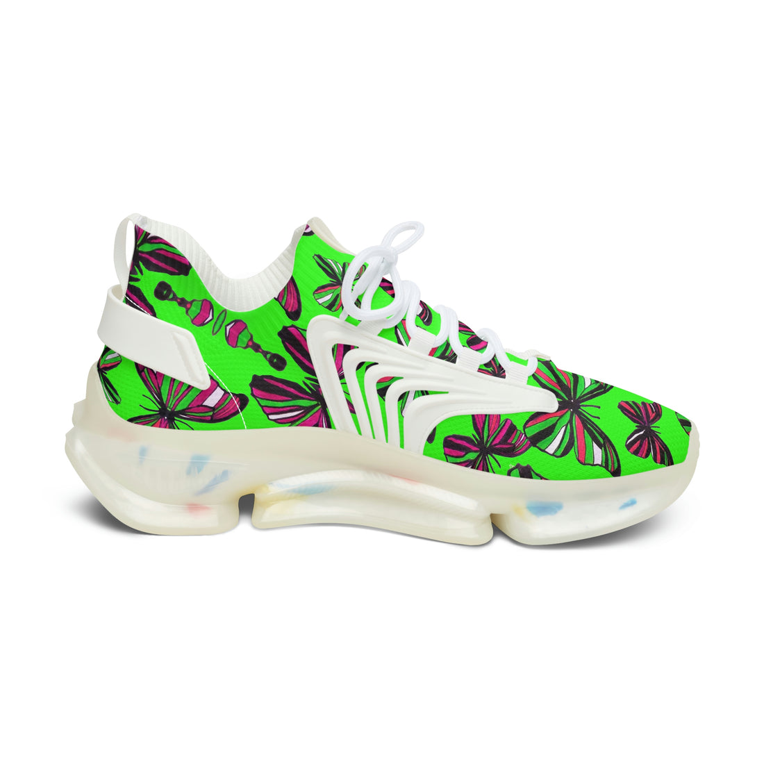 neon green butterfly print women's mesh knit sneakers