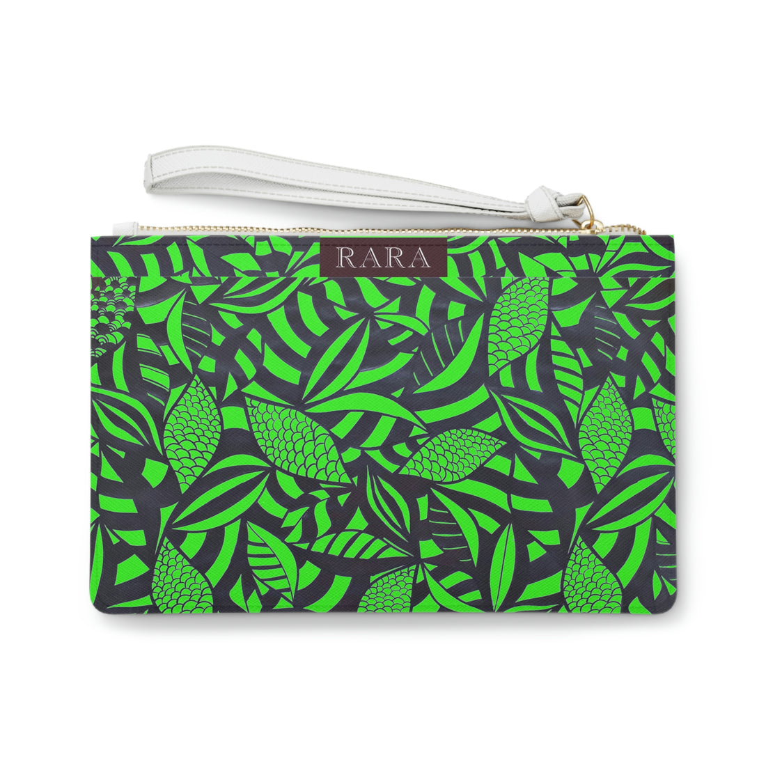 neon green monochrome tropical leaves print clutch bag