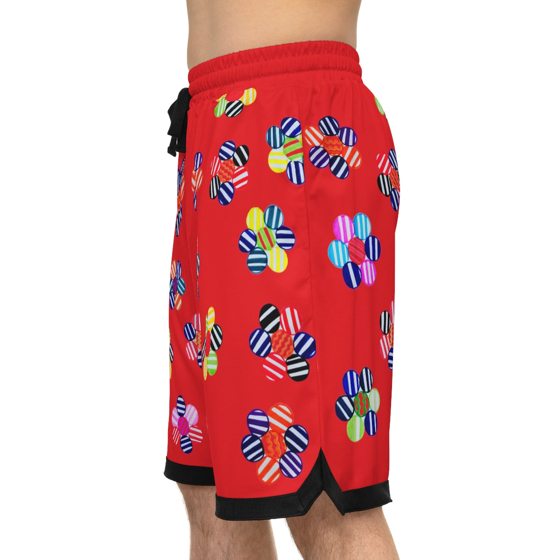 red geometric floral print basketball shorts for men