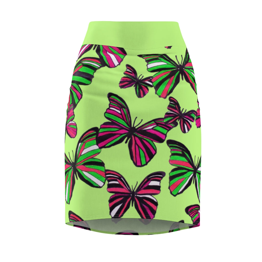 Lime Butterflies Pencil Skirt