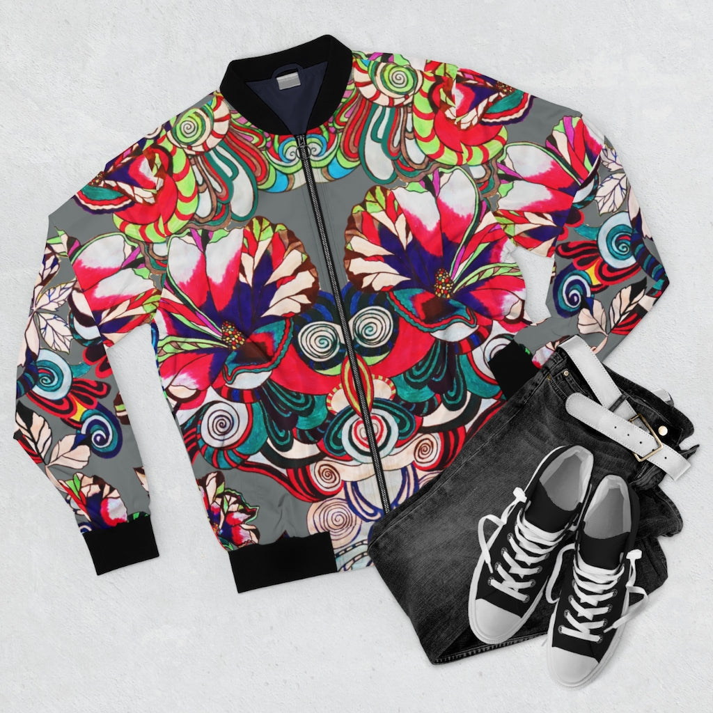 ash grey graphic floral men's bomber jacket