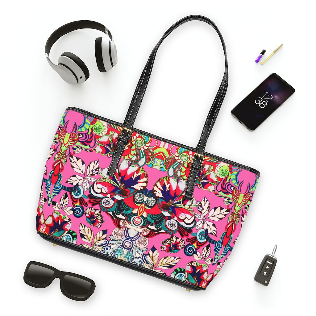 rose pink graphic floral tote bag
