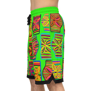 Neon Green Art Deco Print Basketball Rib Shorts (AOP)