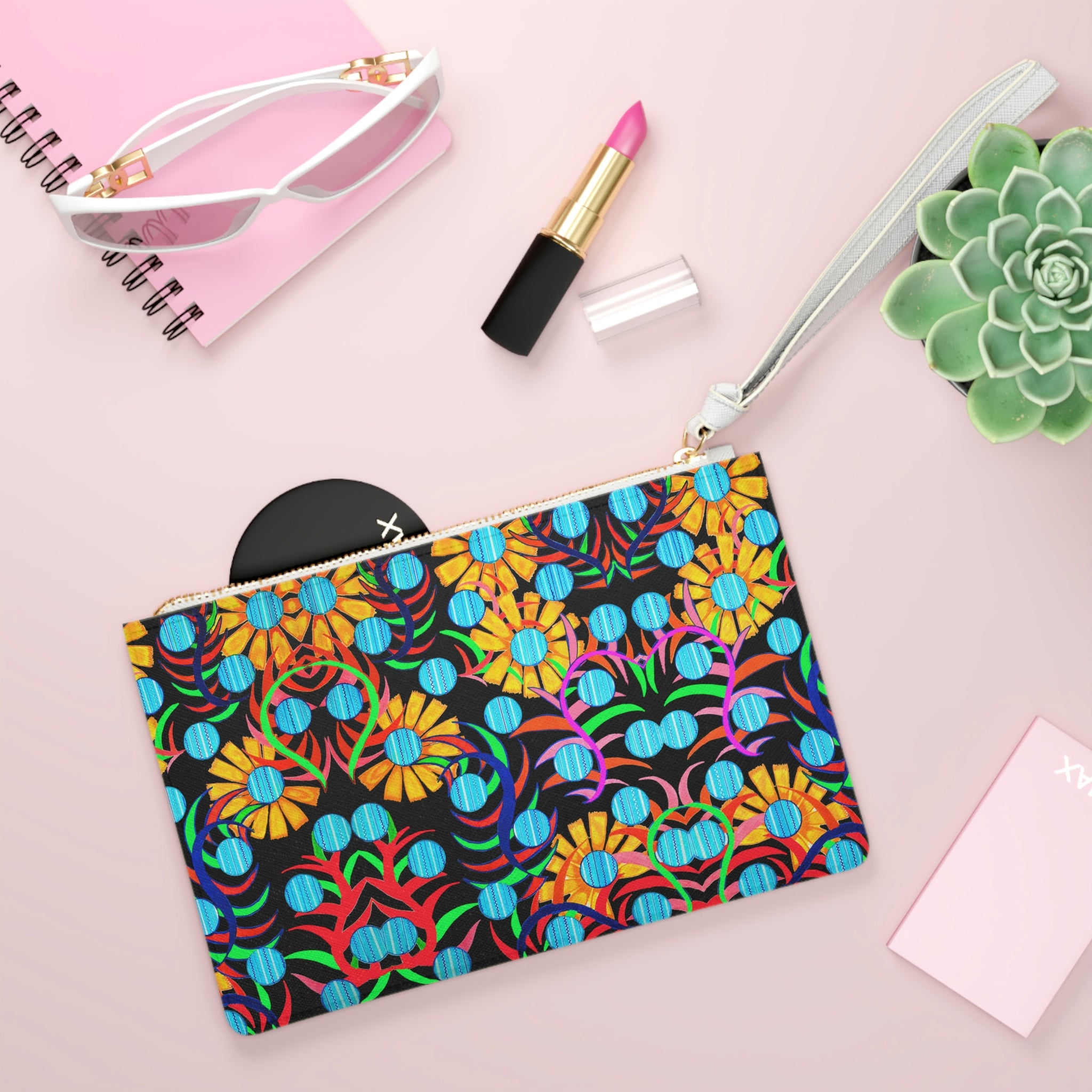 Black Sunflower Print Clutch Bag