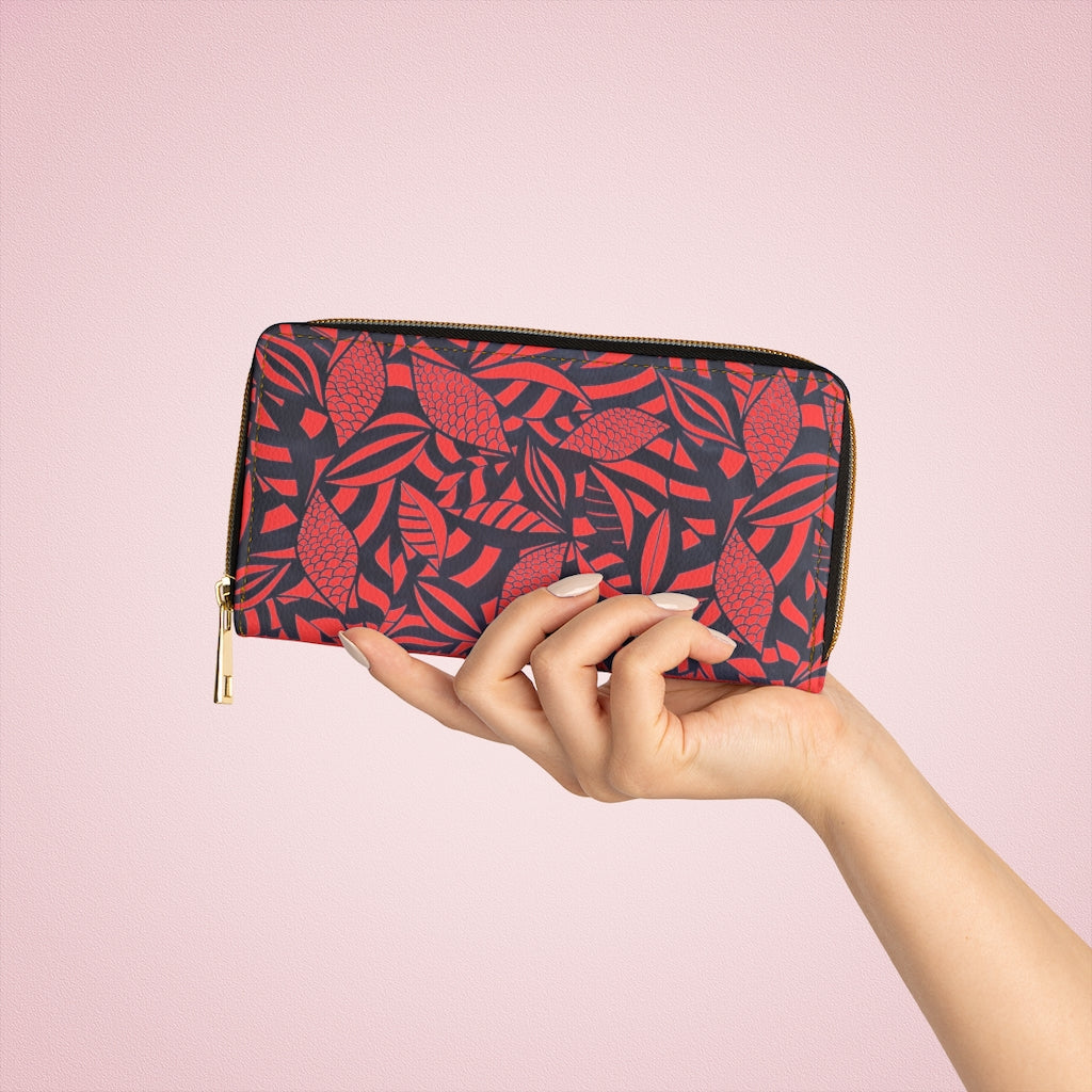 vermillion tropical print clutch wallet