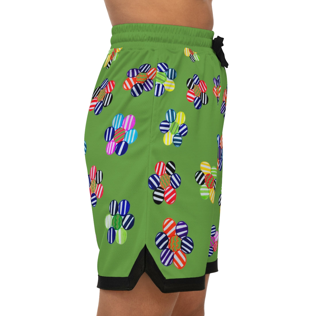 Olive Geo Floral Basketball Rib Shorts (AOP)