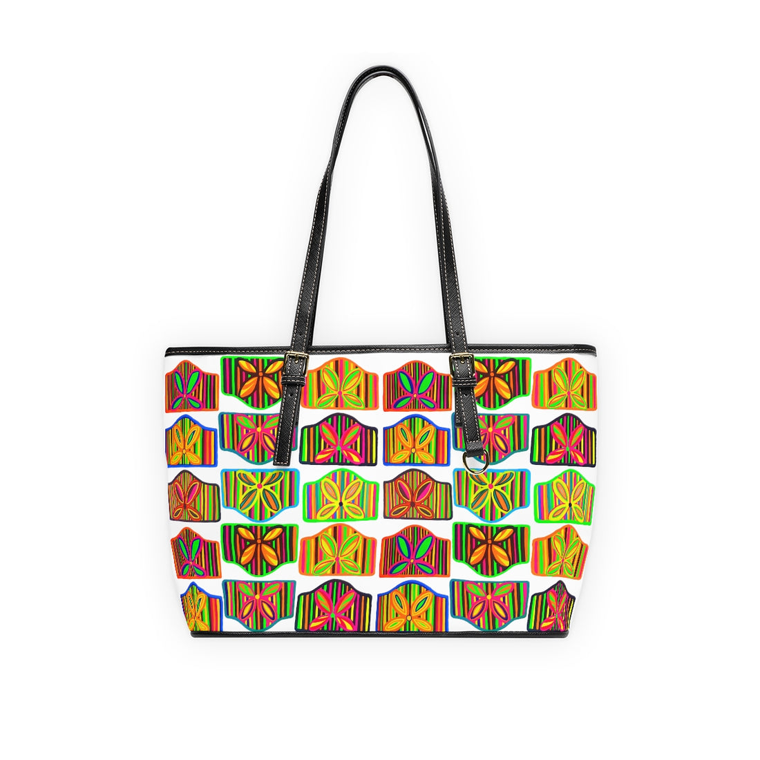 white pu leather zipper tote with multi colour art dco print