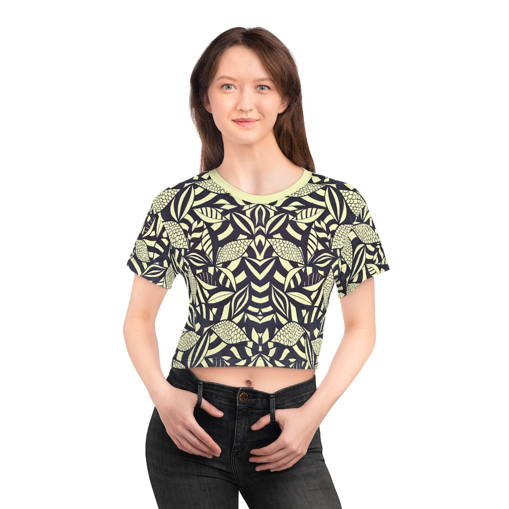 cream tropical print crop t-shirt'