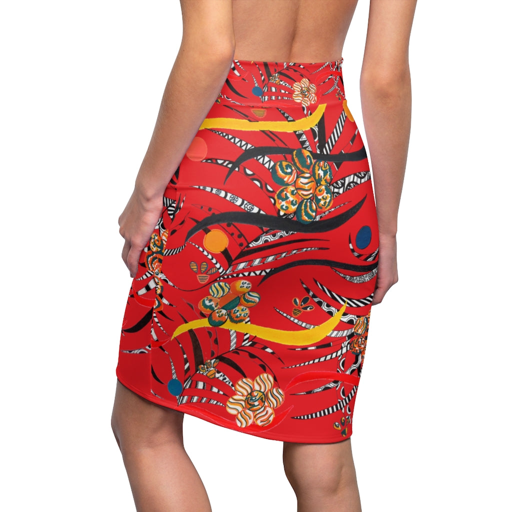 Red Wilderness Print Pencil Skirt