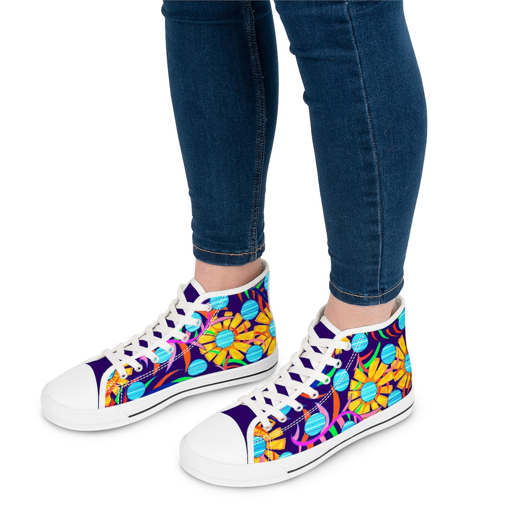 violet sunflower print women's hightop canvas sneakers 