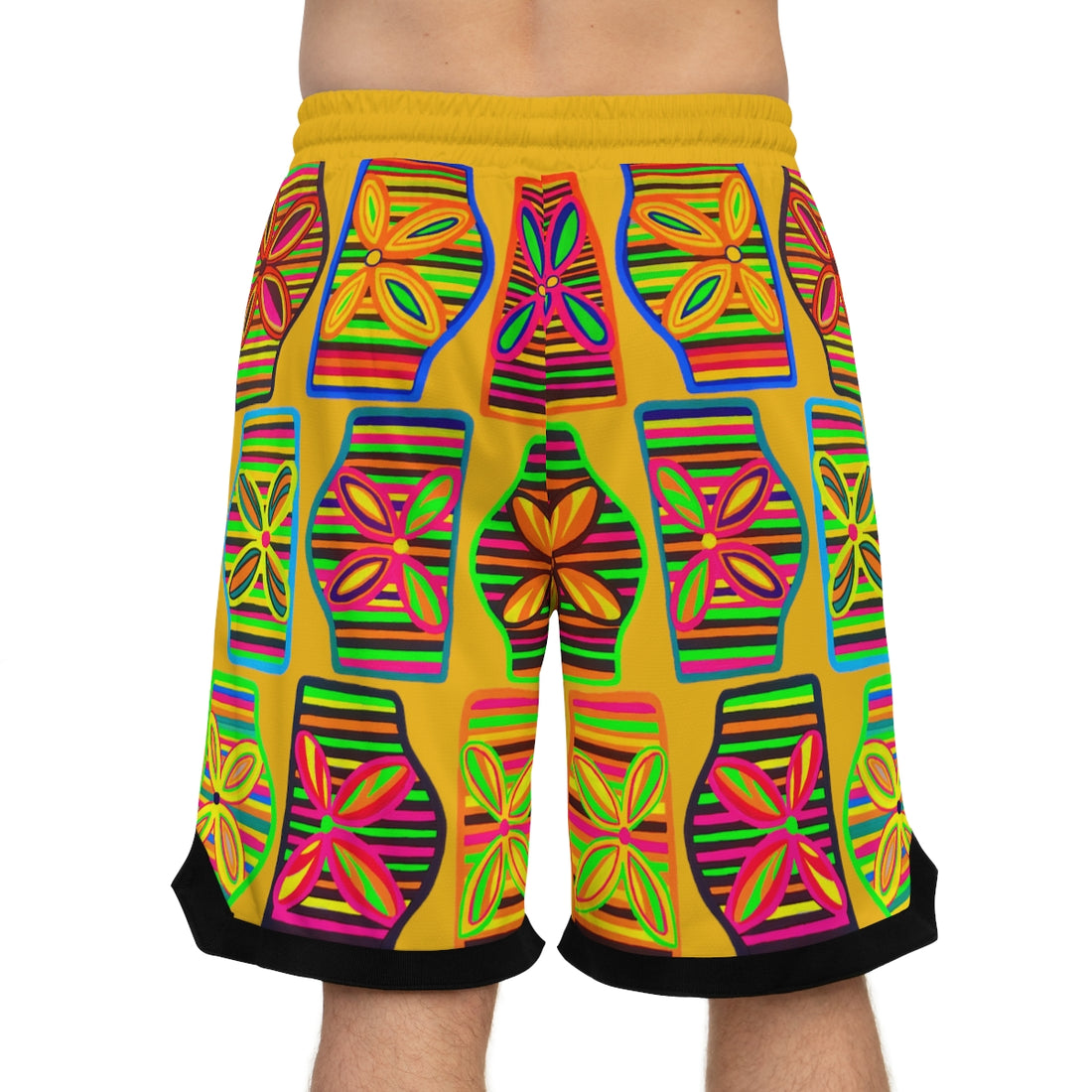 yellow art deco print basketball shorts for men