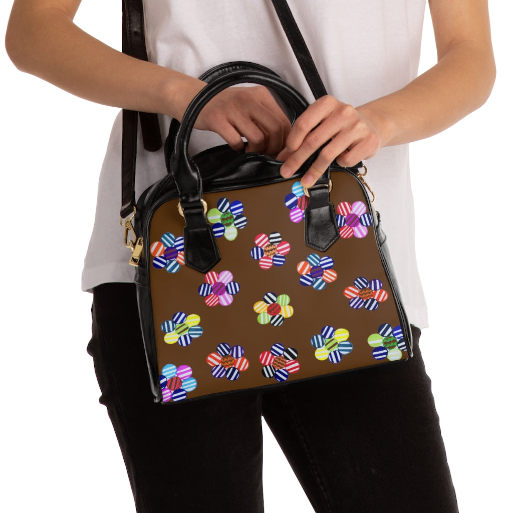 brown multi colour geometric florals print handbag