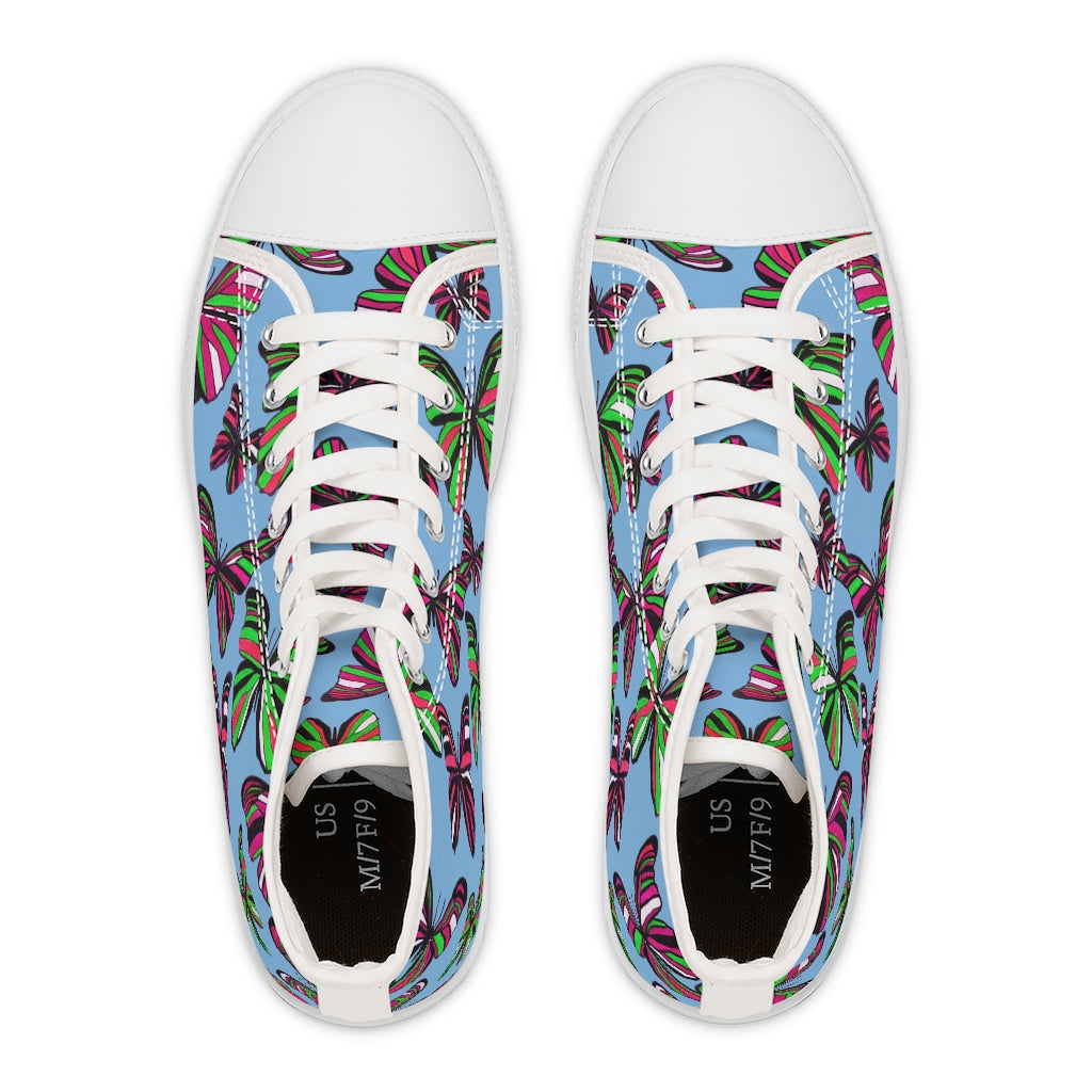 sky blue butterfly print canvas women's high top sneakers 