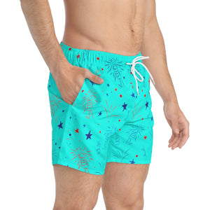 Cyan 4th of July firecracker print men's swimming trunks