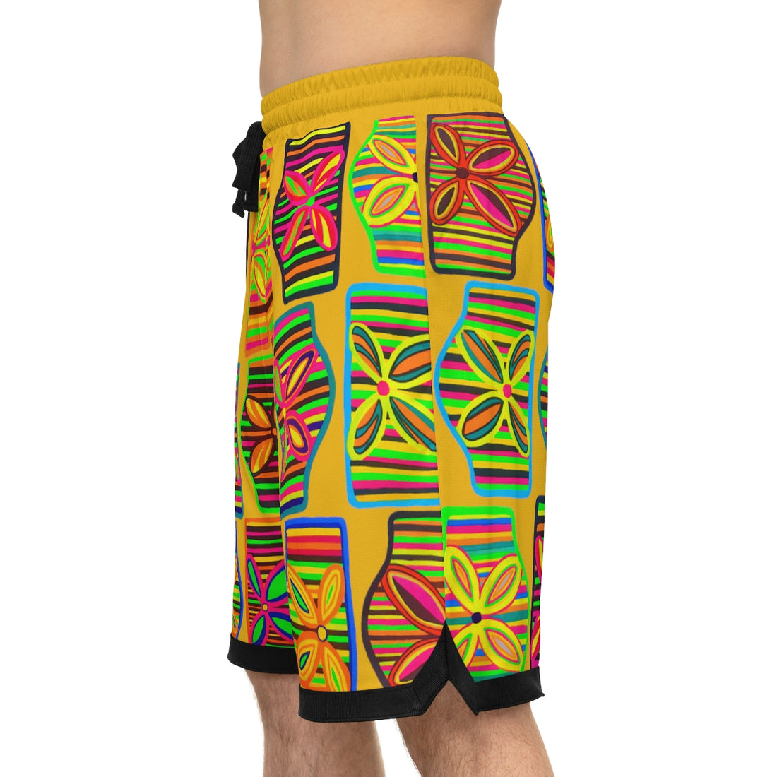 yellow art deco print basketball shorts for men