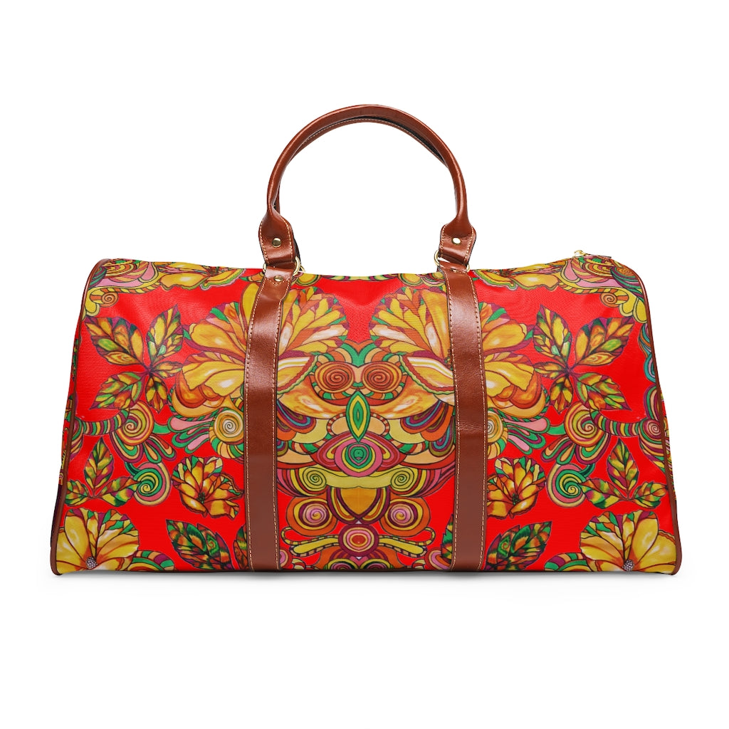 red floral duffel bag