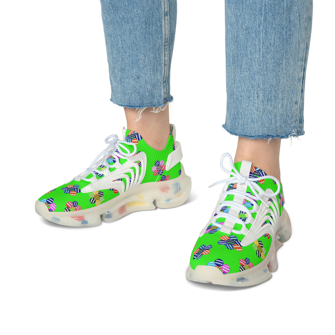 Neon Green Candy Floral Printed OTT Women's Mesh Knit Sneakers