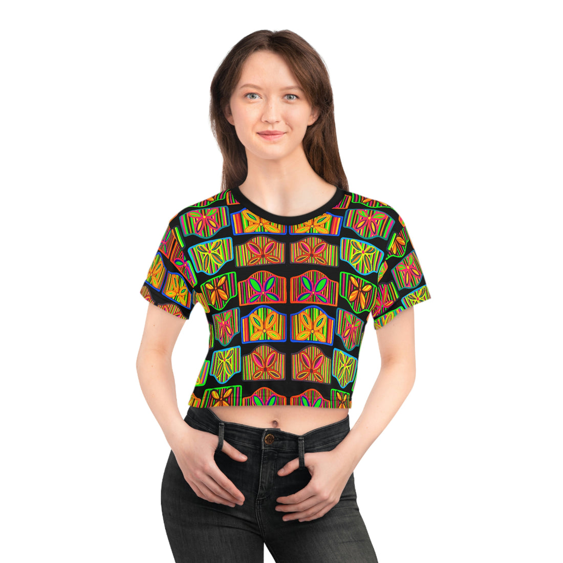 Black Deco Print AOP Crop Tee