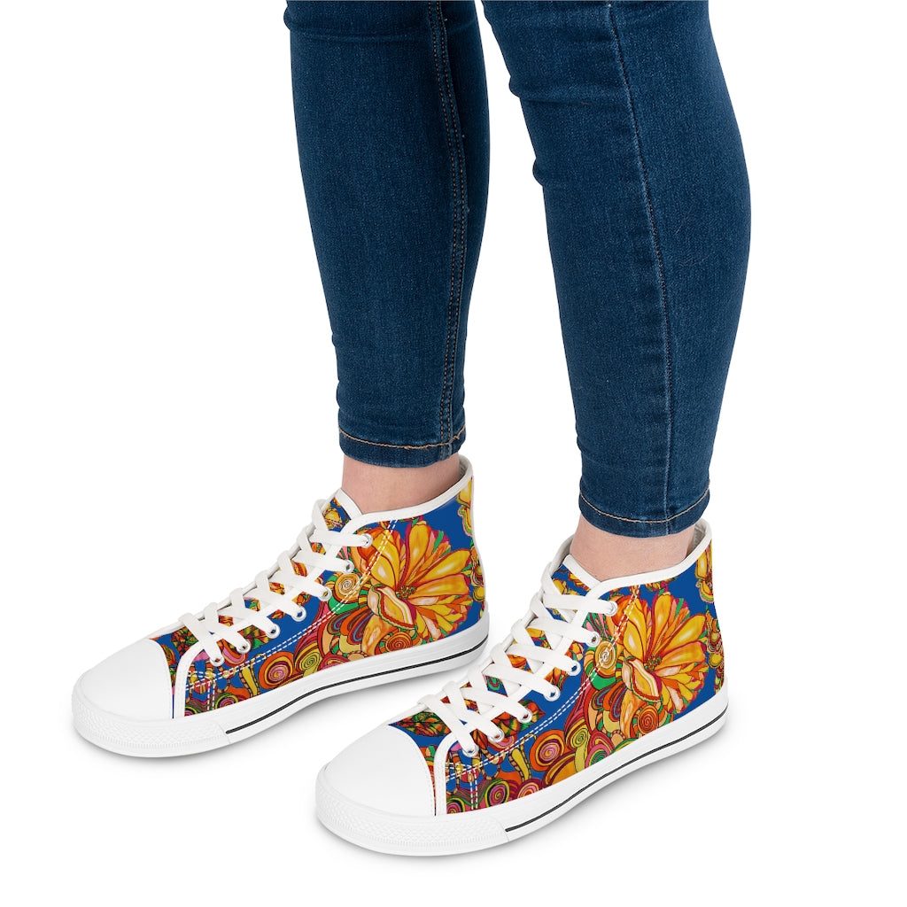 Royal Blue Artsy Floral Women's High Top Sneakers