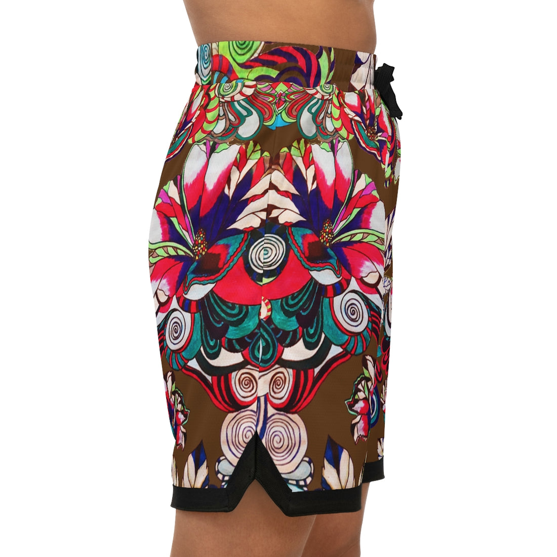 brown graphic floral print basketball shorts for men