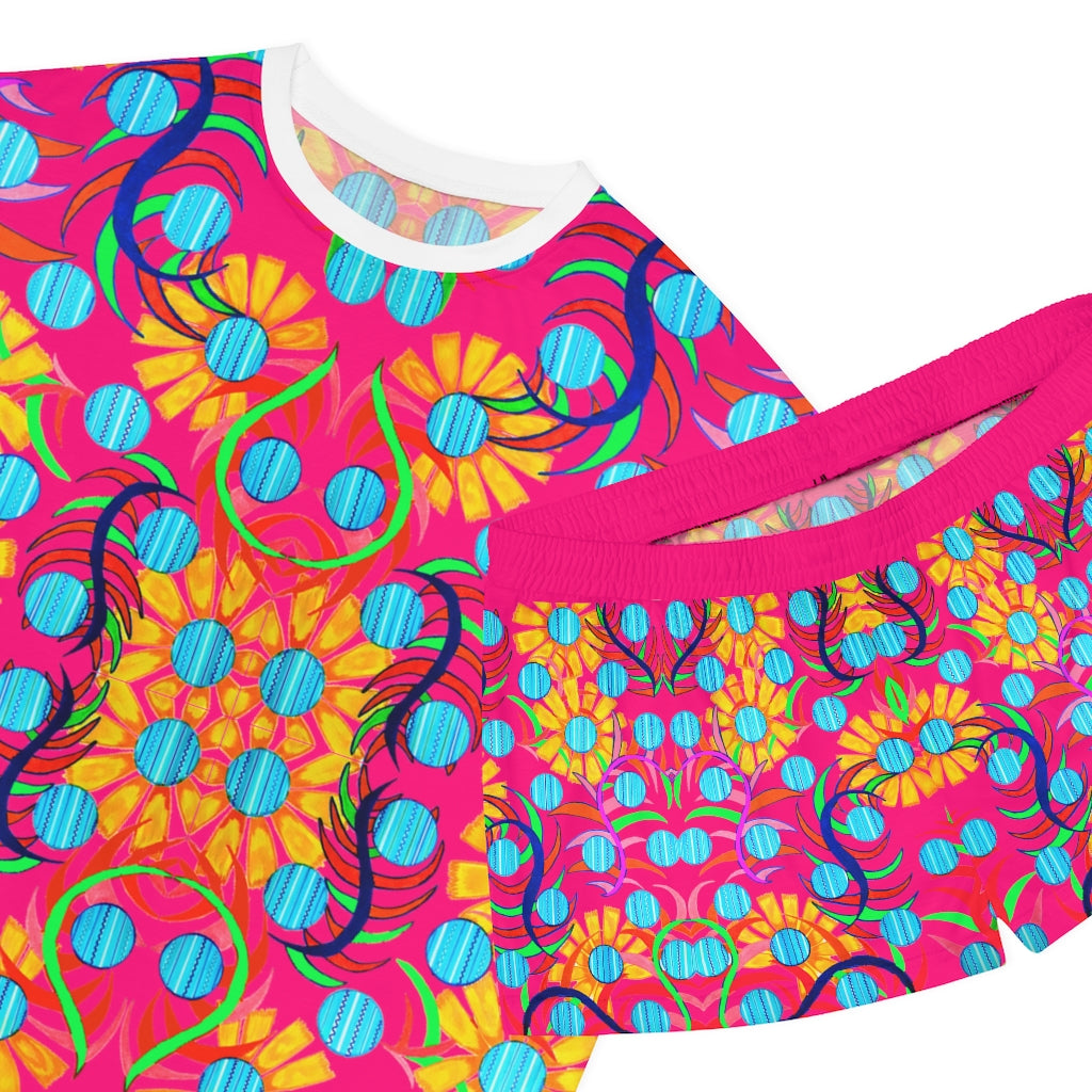 hot pink sunflower pajama shorts & tshirt set for women