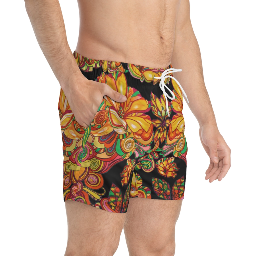 Artsy Floral Men's Black Swimming Trunks