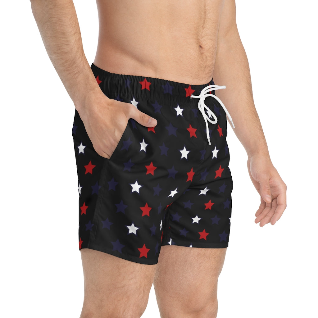 black star print 4th of July men's swimming trunks by labelrara