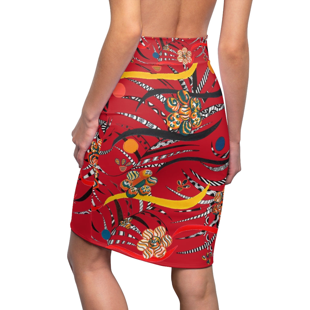 Deep Red Wilderness Print Pencil Skirt