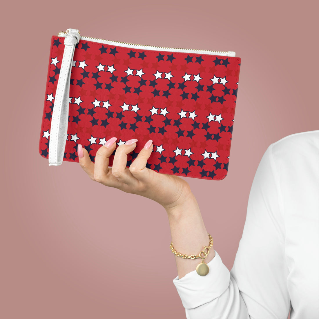 Deep Red Star Print Clutch Bag