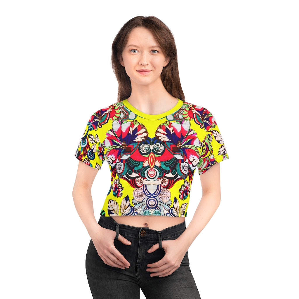 Yellow Artsy Floral Pop AOP Crop Tee