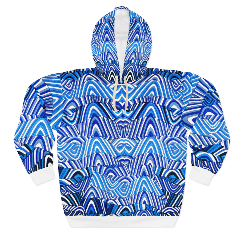 white & blue psychedelic print unisex pullover hoodie