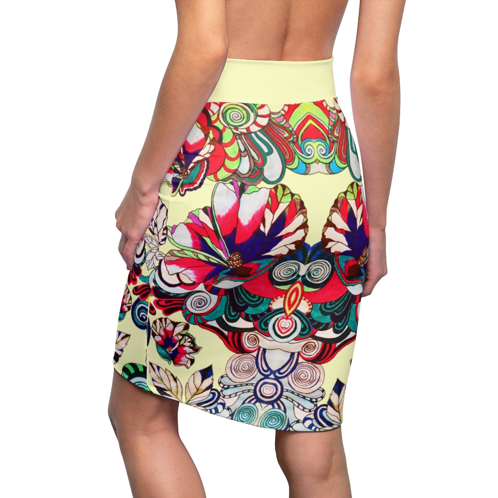 Floral Pop Cream Pencil Skirt