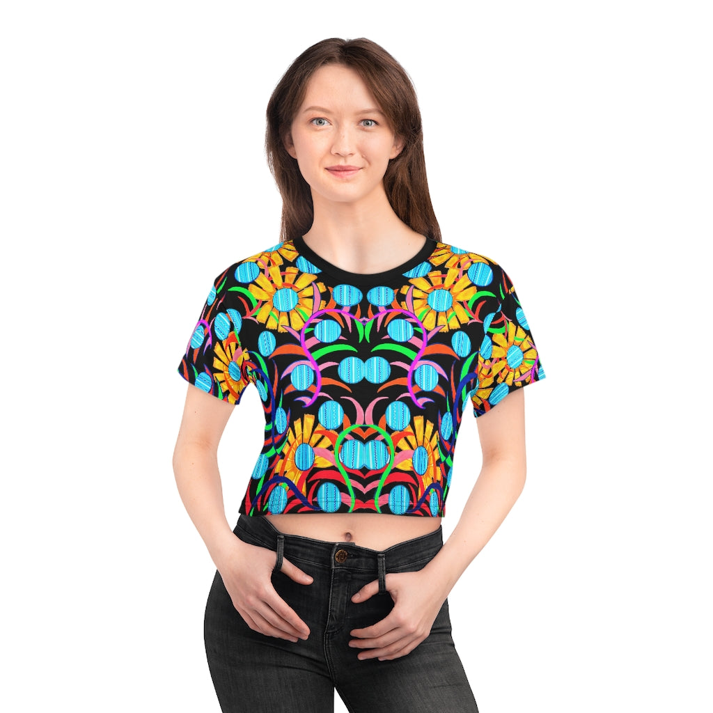 Black Sunflower AOP Crop Tee